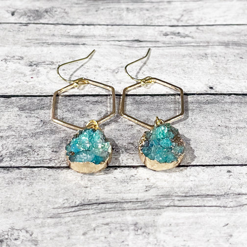 Gold Hexagon Oval Druzy Earrings (4 COLOR OPTIONS)